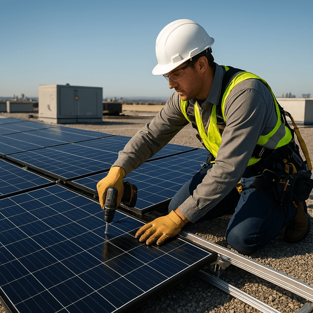 Techniker installiert Solarpanels auf Gewerbedach